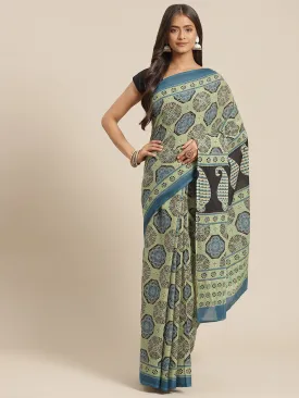 Women Olive & Indigo Blue Cotton Ajrak Print Saree With Blouse