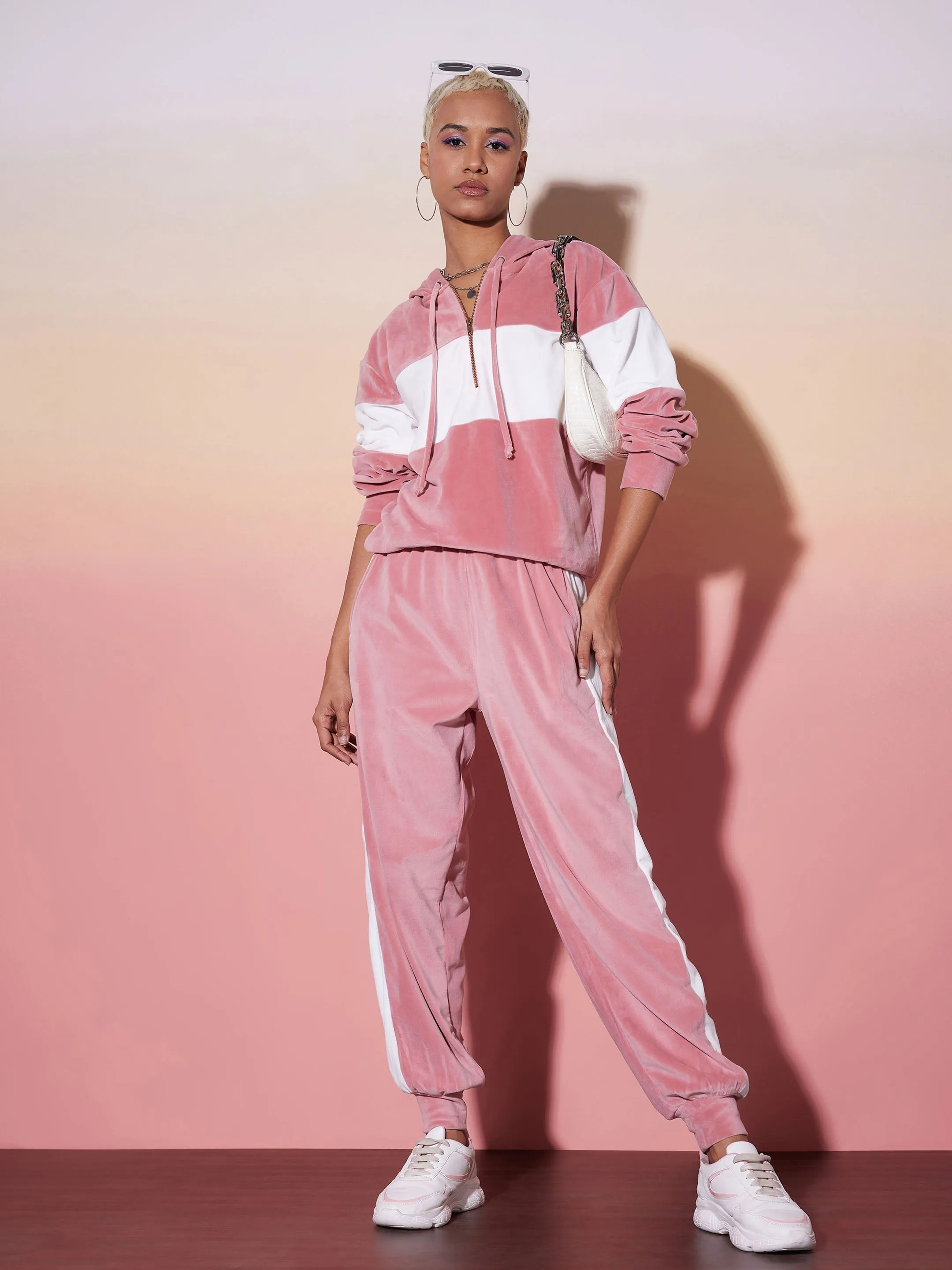 Women Pink & White Velour Hoodie With Jogger