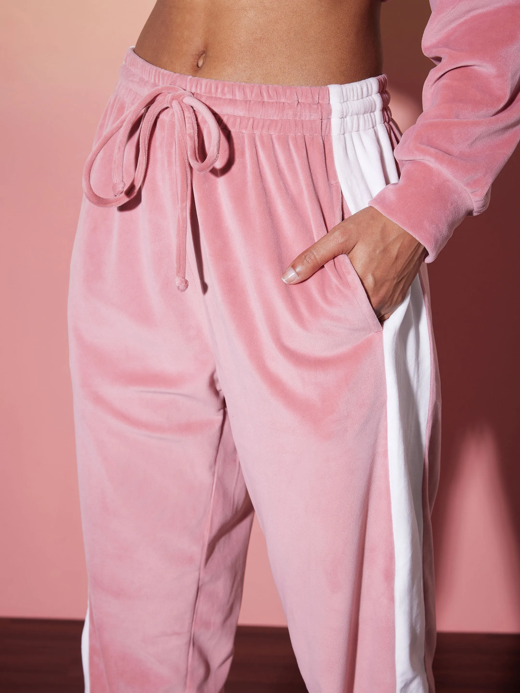 Women Pink & White Velour Hoodie With Jogger