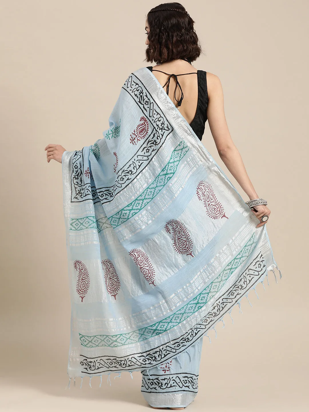 Women Sky Blue Linen Blend Khadi Saree