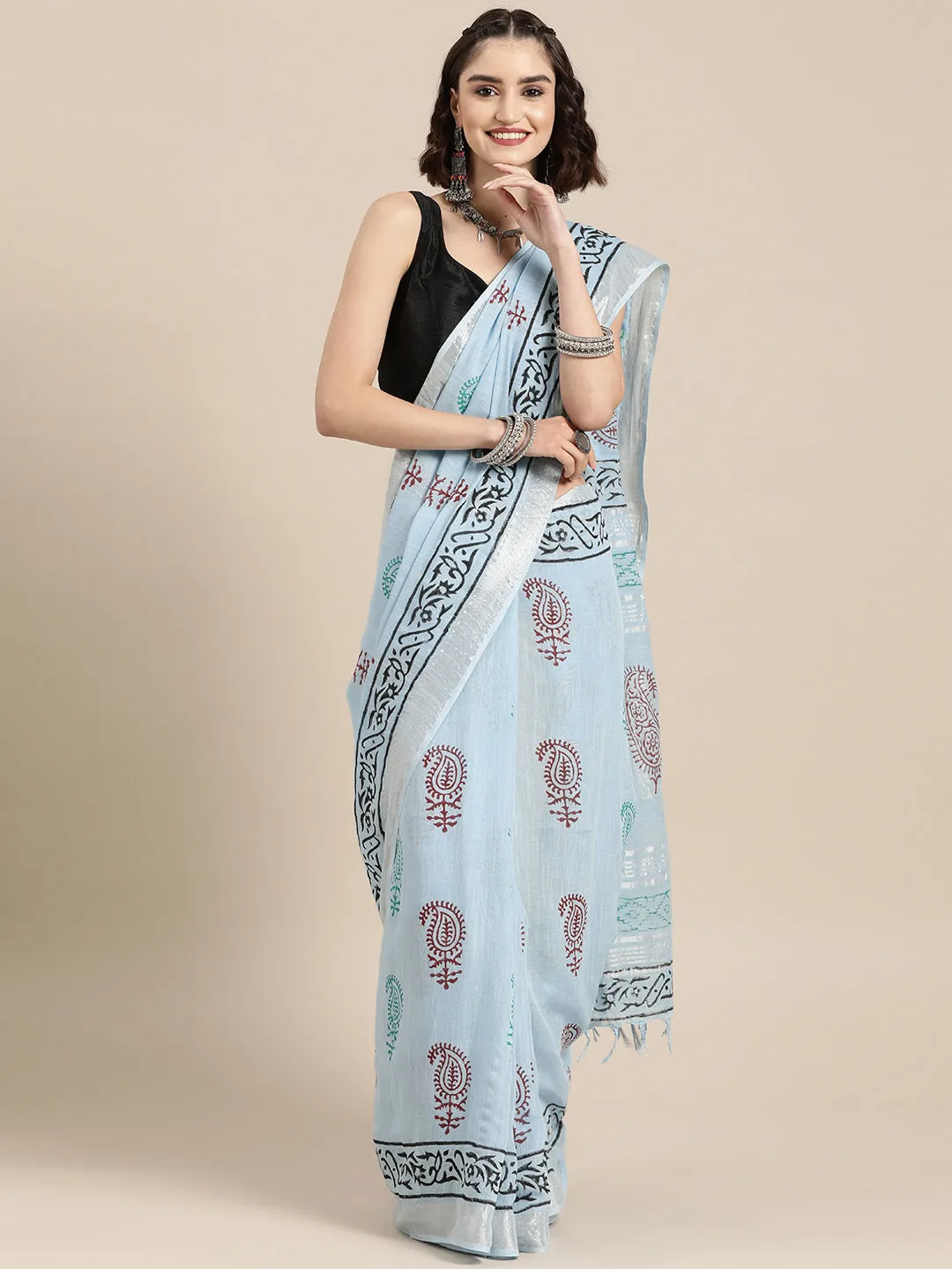 Women Sky Blue Linen Blend Khadi Saree