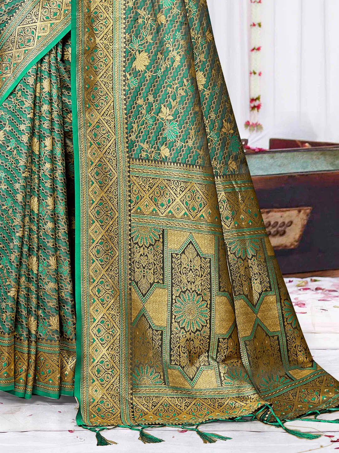 Women Teal Blue Satin Silk Saree With Un Stitched Blouse