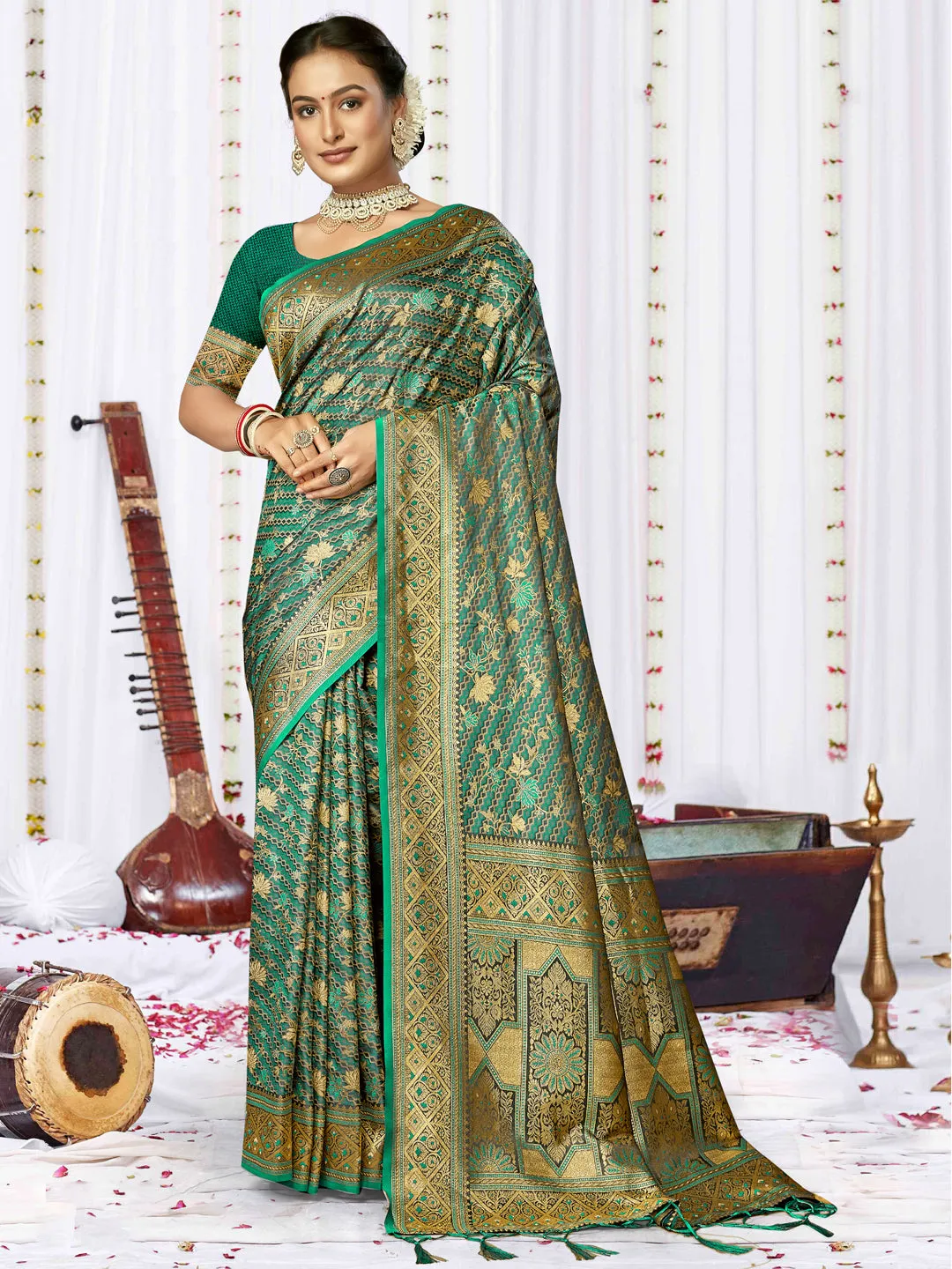 Women Teal Blue Satin Silk Saree With Un Stitched Blouse