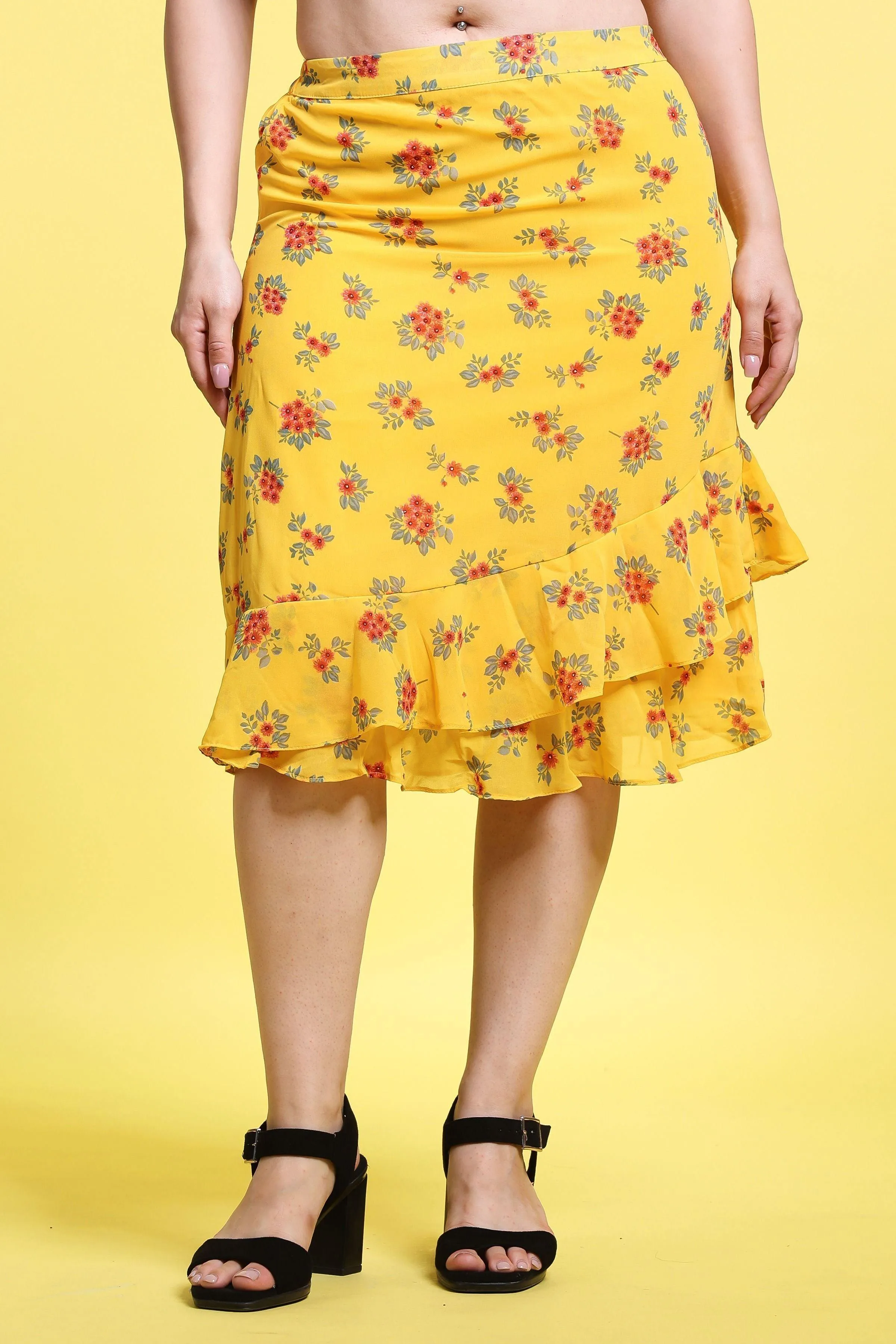 Yellow Floral Printed Layered Skirt