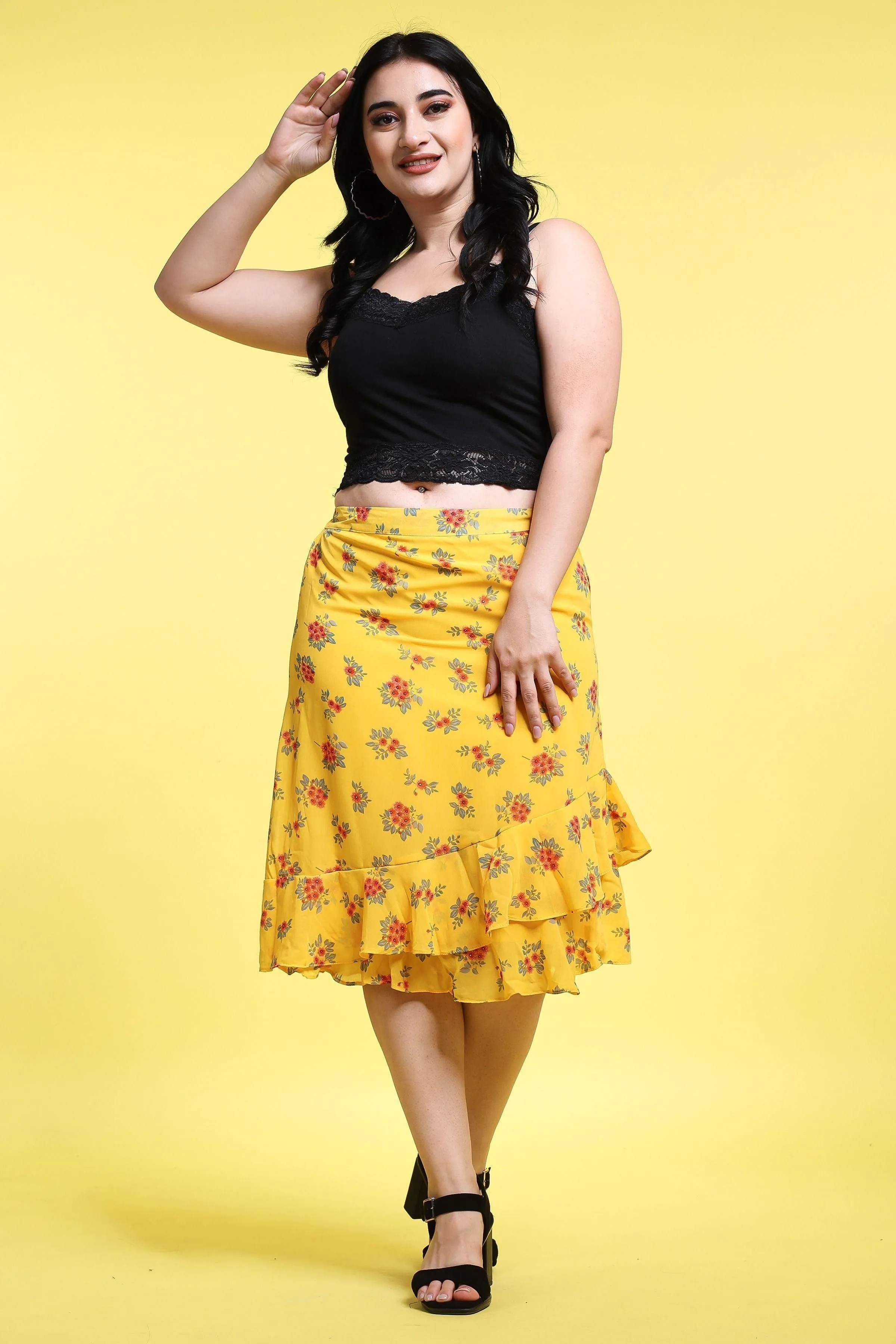 Yellow Floral Printed Layered Skirt